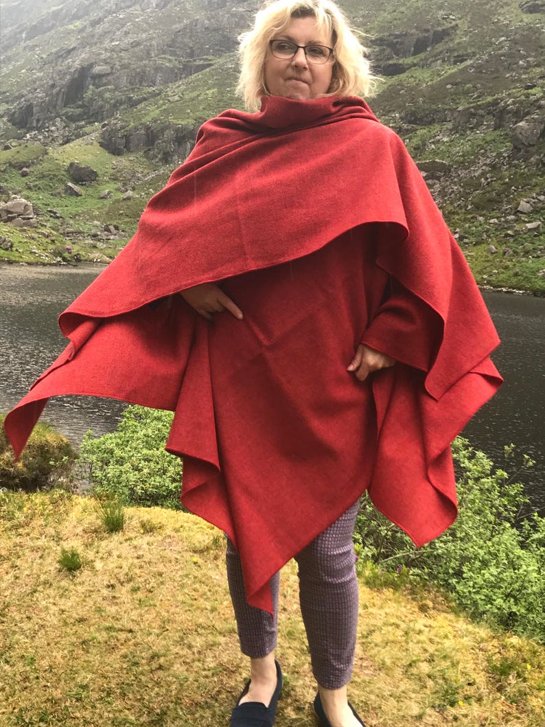Irish tweed wool ruana, wrap, cape, coat, arisaid- red - lightweight fabric - 100% wool - ready for shipping - HANDMADE IN IRELAND