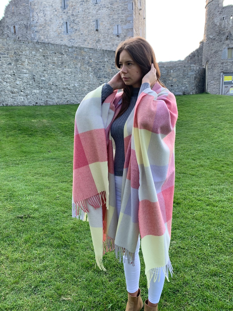 Hooded Irish Pure Lambswool Cape, Ruana, Wrap , Shawl - 100% Pure New Wool -Pale/Blue/Pink/Lemon Block Check -Supersoft -HANDMADE IN IRELAND