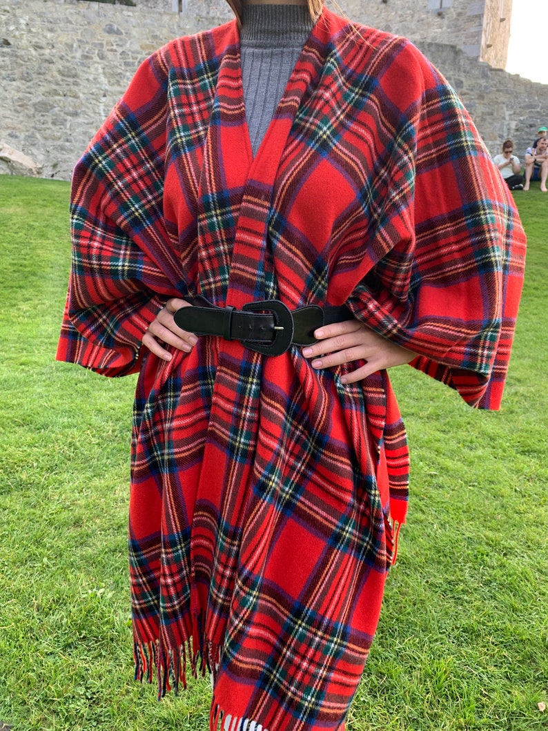 Irish Pure Lambswool Cape, Ruana, Wrap, Shawl - 100% Pure New Wool - Royal Stewart Tartan/Plaid Check - Supersoft - HANDMADE IN IRELAND