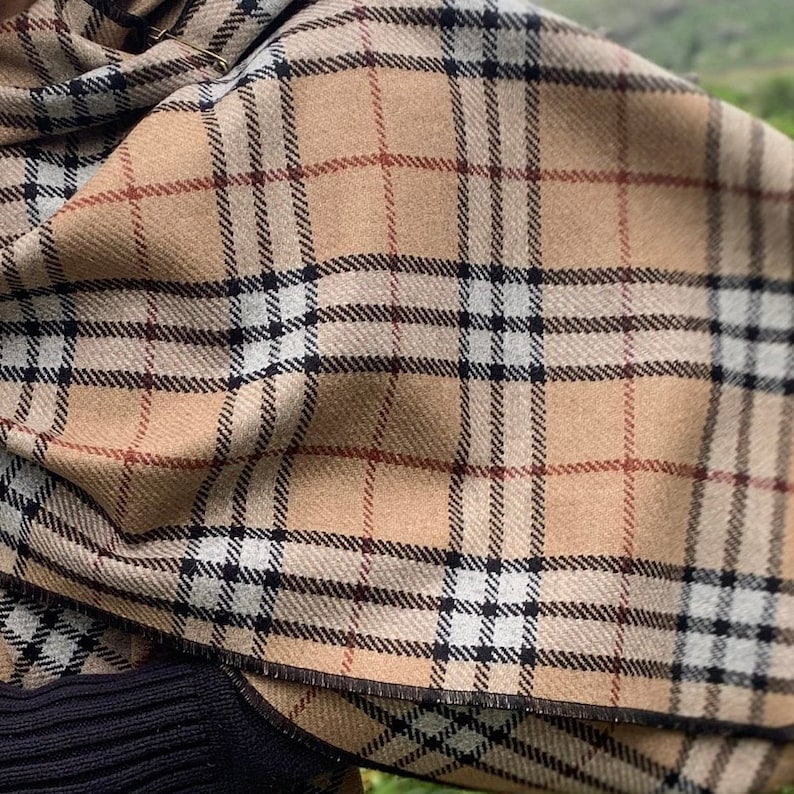 Hooded Irish Soft Lambswool Cape, Ruana, Wrap - 100% Pure New Wool - Camel Tartan / Plaid Check/ Thompson Check - HANDMADE IN IRELAND