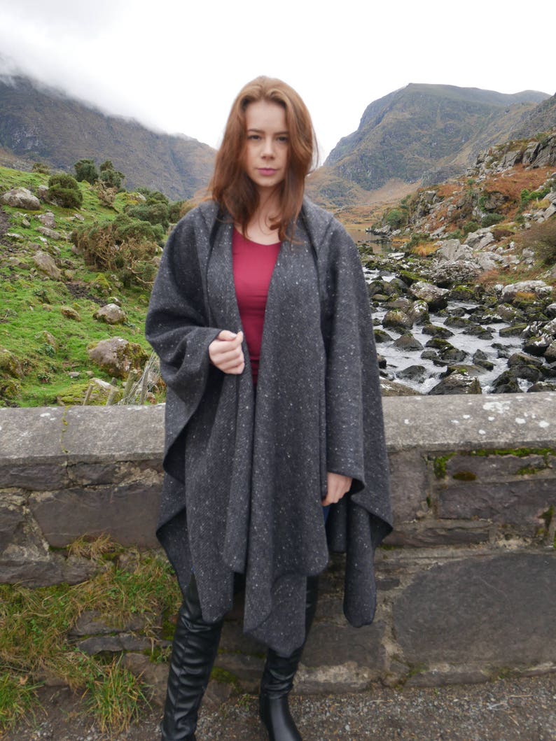 Irish Donegal Tweed Hooded Ruana, Wrap, Cape,  - Black/ Charcoal/ Grey Herringbone - 100% Pure New Wool - heavy tweed - HANDMADE IN IRELAND