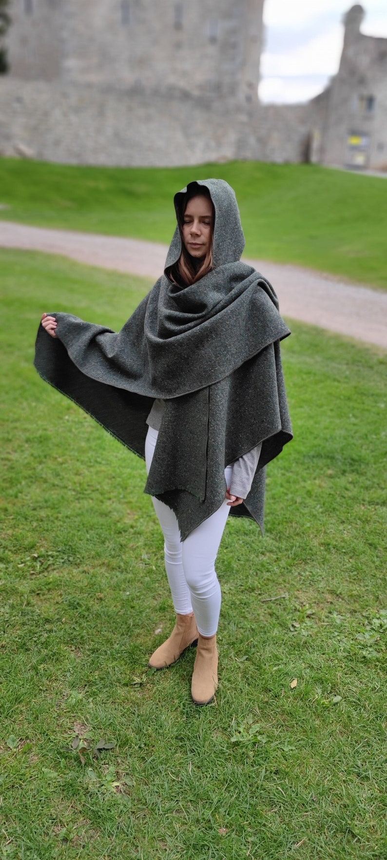 Irish Donegal Tweed Wool Hooded Ruana, Cape, Rectangle Cloak - Traditional Green Fleck - Medium/Heavy Tweed - Unisex - HANDMADE IN IRELAND