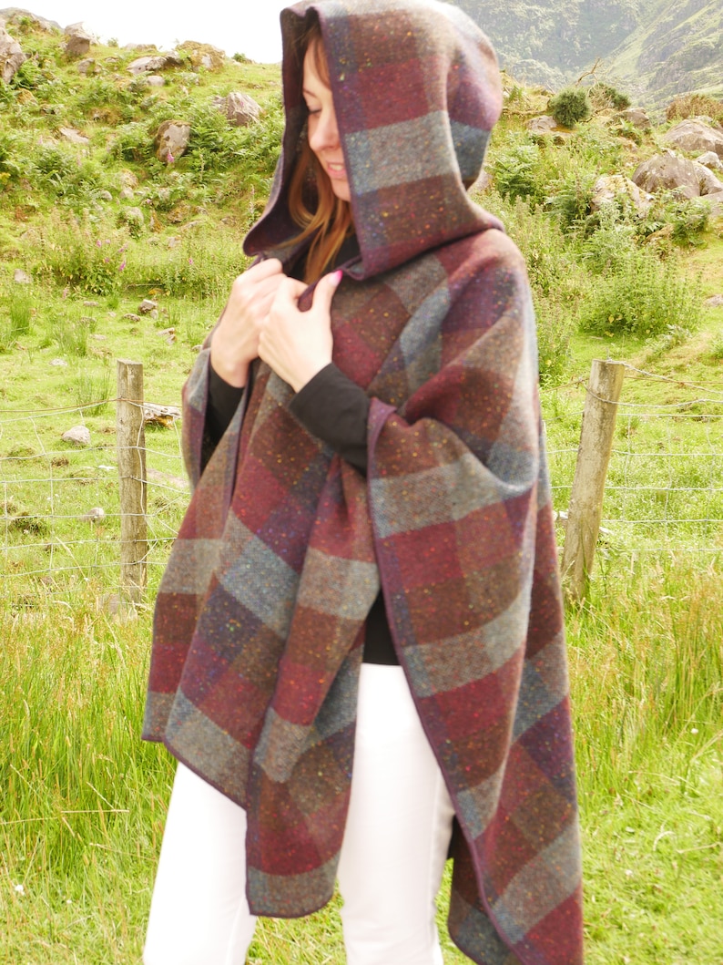 Irish Donegal Tweed Wool Hooded Ruana, Wrap, Cape, Cloak - Burgundy & Green Check  - Heavy Tweed - 100% Pure New Wool - HANDMADE IN IRELAND