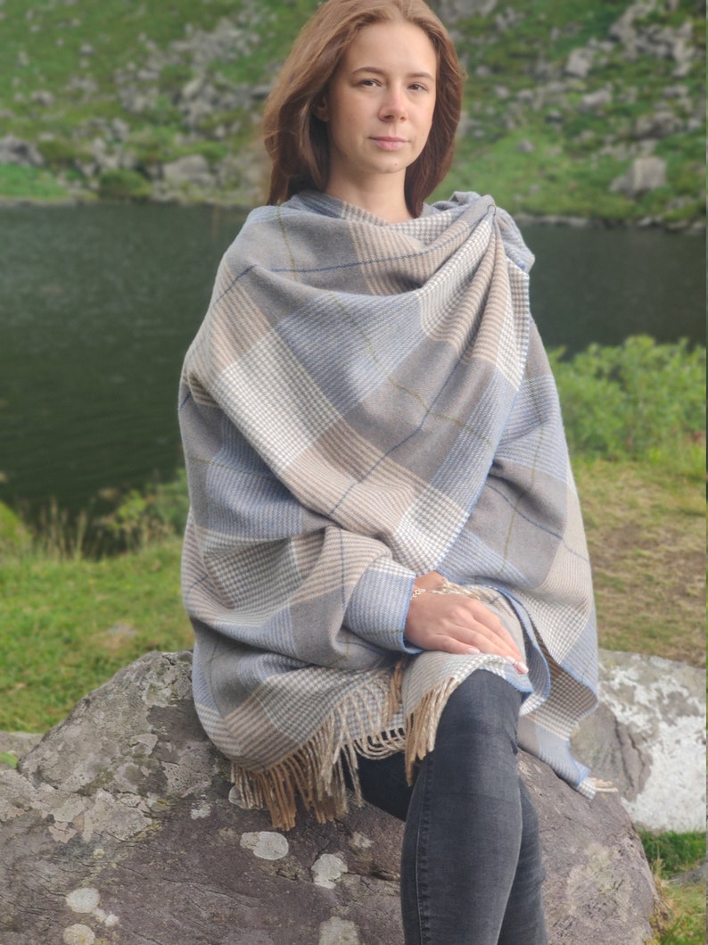 Irish Pure Lambswool Cape, Ruana, Wrap , Shawl - 100% Pure New Wool - Beige/Blue Check - Supersoft - One Size Fits All - HANDMADE IN IRELAND