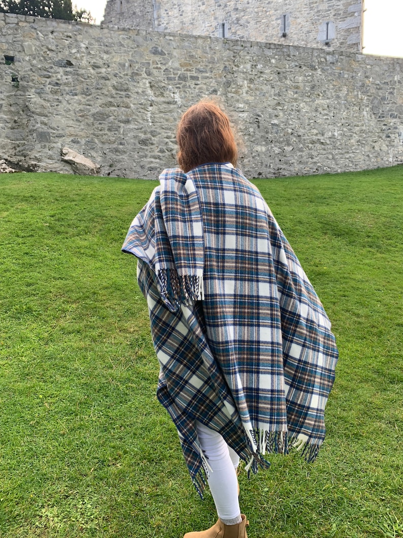 Irish Lambswool/Merino Cape, Ruana, Wrap, Shawl - 100% Pure New Wool - Blue Stewart Tartan Plaid - supersoft - one size- HANDMADE IN IRELAND