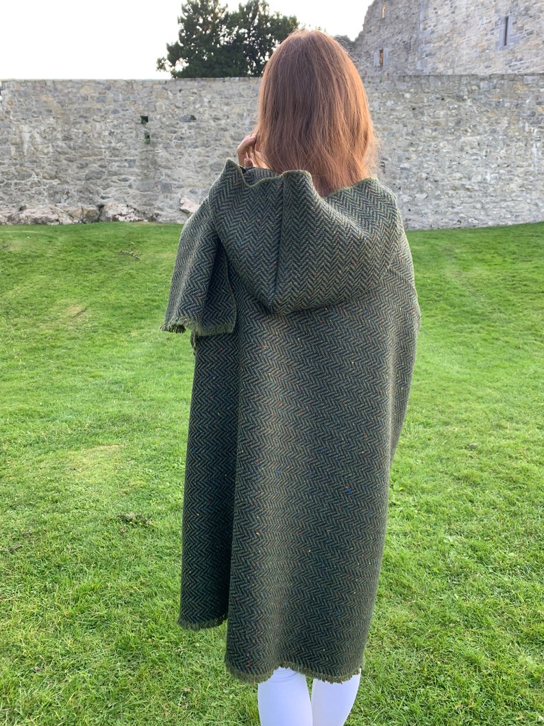 Irish Donegal Tweed Wool Hooded Ruana, Cape, Rectangle Cloak - Speckled Forest Green Herringbone - Heavy Tweed -Unisex- HANDMADE IN IRELAND