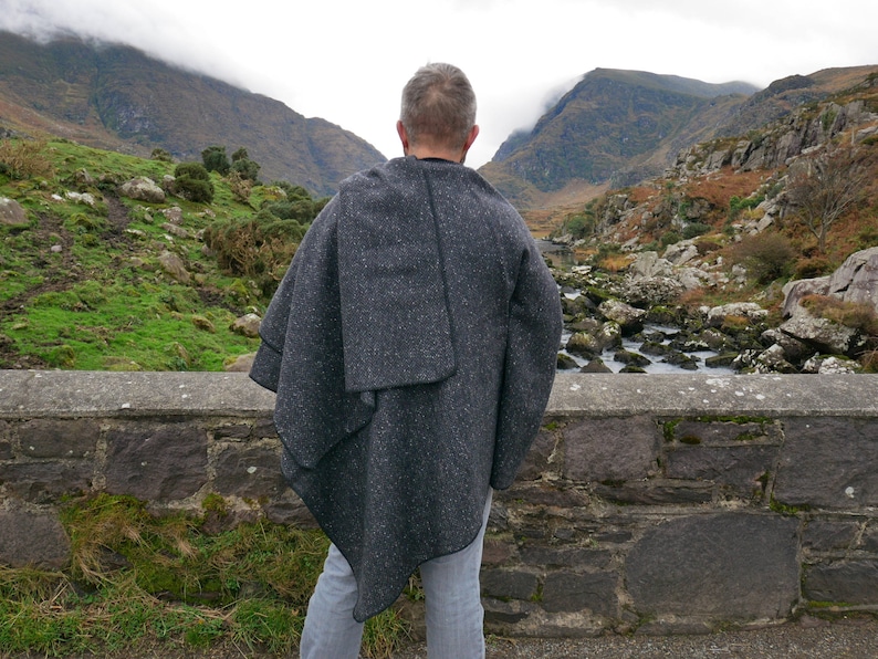 Irish Donegal Tweed Wool Ruana, Cape, Wrap, Cloak - Charcoal/Grey - Fleck Herringbone - 100% Pure New Wool - Unisex -  HANDMADE IN IRELAND