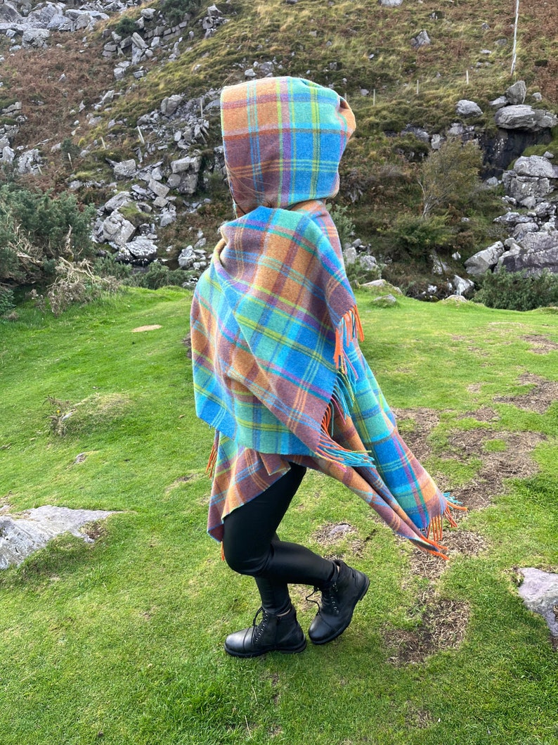 Hooded Irish Pure Supersoft Lambswool Cape, Ruana, Wrap - 100% Pure New Wool - Blue Green Orange Tartan Plaid Check - HANDMADE IN IRELAND