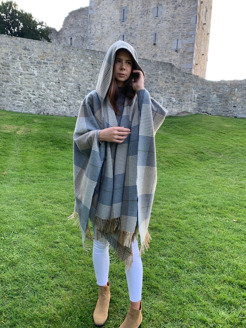 Hooded Supersoft Lambswool Cape, Ruana, Wrap , Shawl - 100% Pure New Wool - Cream Taupe Denim Check -One Size Fits All - HANDMADE IN IRELAND