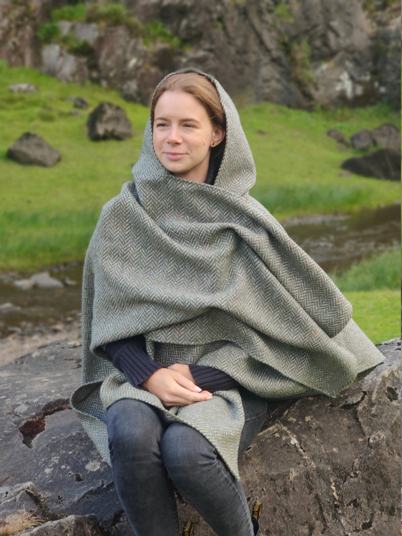 Irish Donegal Tweed Wool Hooded Cape Ruana Wrap Robe Cloak Arisaid -Speckled Fleck Green Grey Herringbone - HEAVY TWEED -Handmade in Ireland