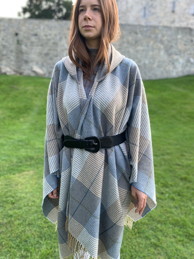 Hooded Supersoft Lambswool Cape, Ruana, Wrap , Shawl - 100% Pure New Wool - Cream Taupe Denim Check -One Size Fits All - HANDMADE IN IRELAND