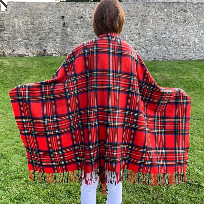 Irish Pure Lambswool Cape, Ruana, Wrap, Shawl - 100% Pure New Wool - Royal Stewart Tartan/Plaid Check - Supersoft - HANDMADE IN IRELAND
