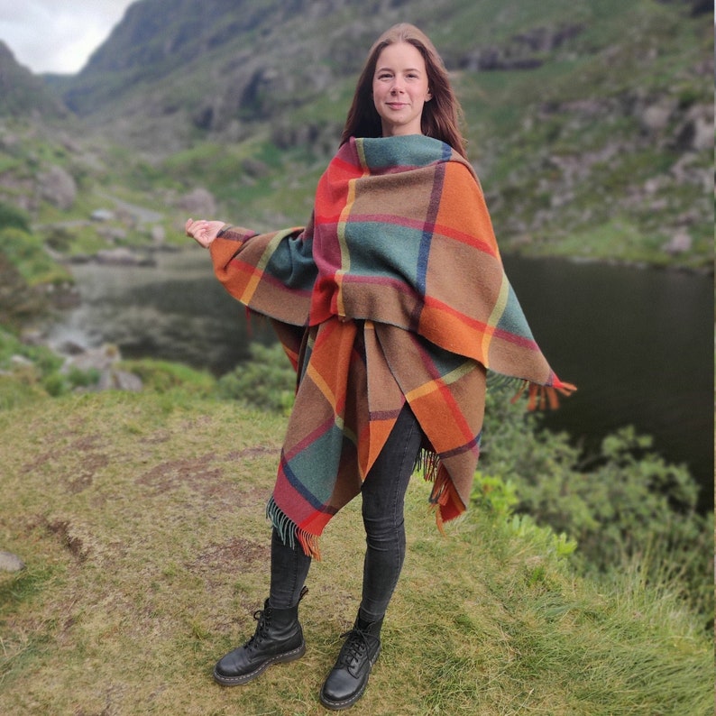 Irish Pure Lambswool Cape, Ruana, Wrap , Shawl - 100% Pure New Wool - multicolour block check - supersoft  - HANDMADE IN IRELAND