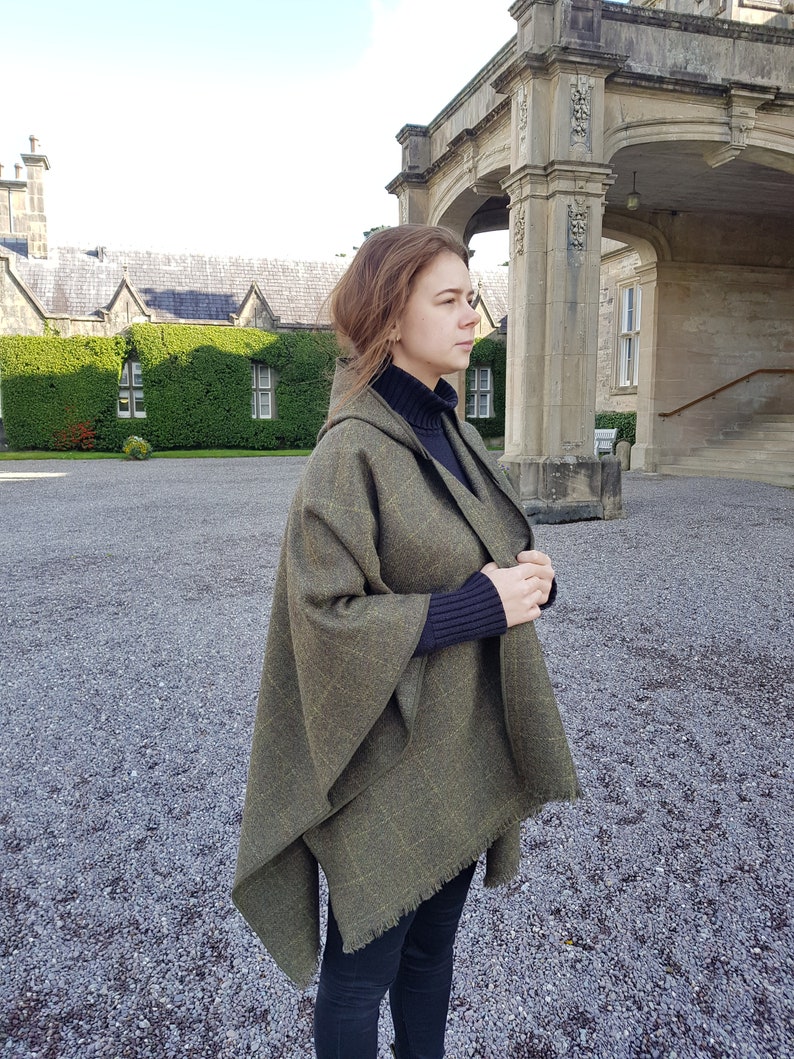 Irish Donegal Tweed Wool Hooded Ruana, Wrap, Cape ,Arisaid - Green With Yellow Check - Unisex - 100% Pure New Wool - HANDMADE IN IRELAND