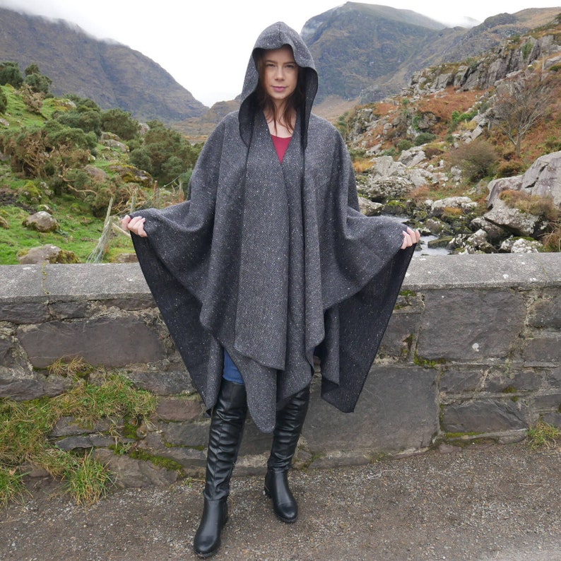 Irish Donegal Tweed Hooded Ruana, Wrap, Cape,  - Black/ Charcoal/ Grey Herringbone - 100% Pure New Wool - heavy tweed - HANDMADE IN IRELAND