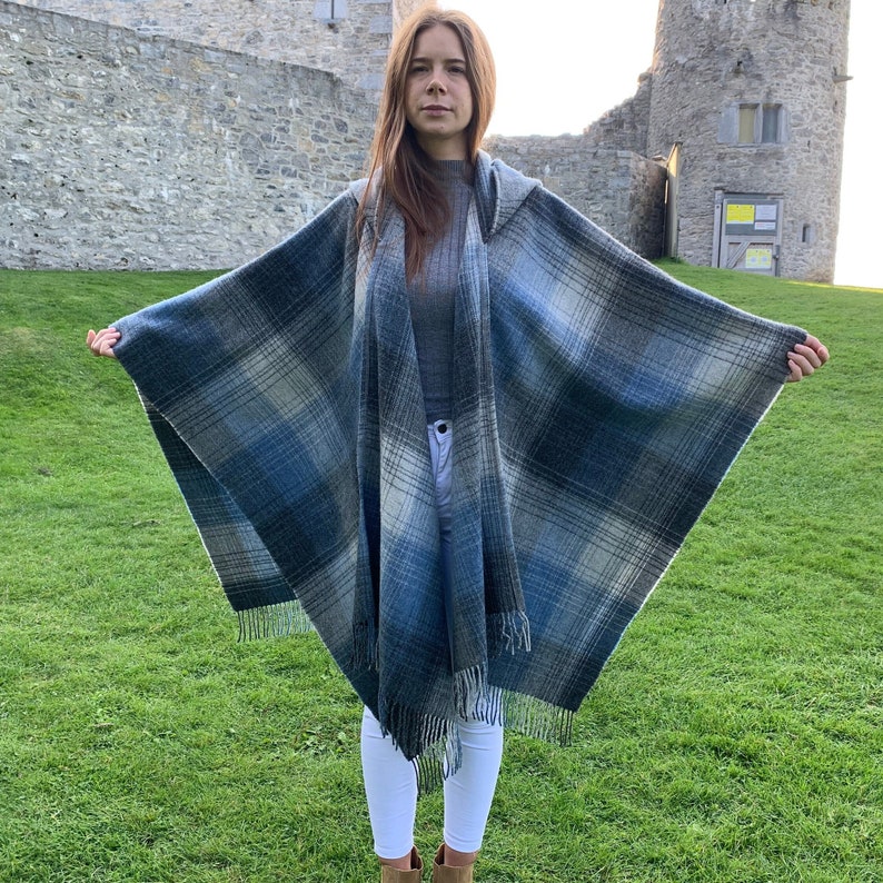 Hooded Irish Pure Lambswool Cape, Ruana, Wrap , Shawl - 100% Pure New Wool - Grey Denim Check - Supersoft - HANDMADE IN IRELAND