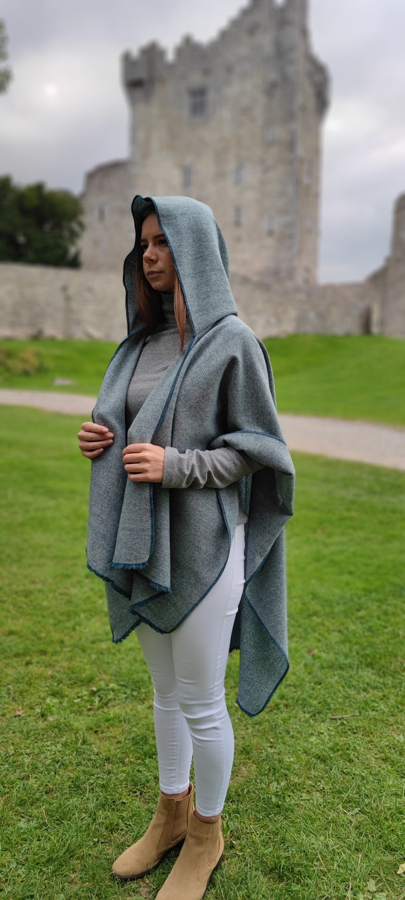 Hooded Irish Lambswool Tweed Cape, Rectangle Cloak, Ruana -Atlantic Teal/White Chevron- 100% Pure New Wool -Lightweight- HANDMADE IN IRELAND