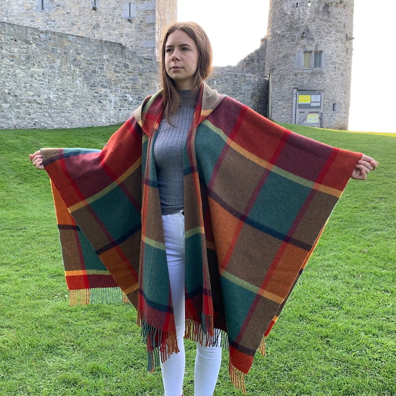 Hooded Irish Pure Lambswool Cape, Ruana, Wrap , Shawl - 100% Pure New Wool - Orange/Green/Yellow/Wine Check - Supersoft -HANDMADE IN IRELAND