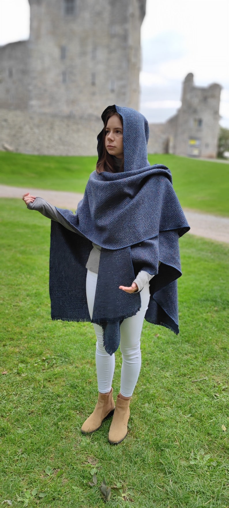 Irish Donegal Tweed Wool Hooded Ruana, Cape, Rectangle Cloak - Speckled Navy / Blue Herringbone - Heavy Tweed - Unisex - HANDMADE IN IRELAND