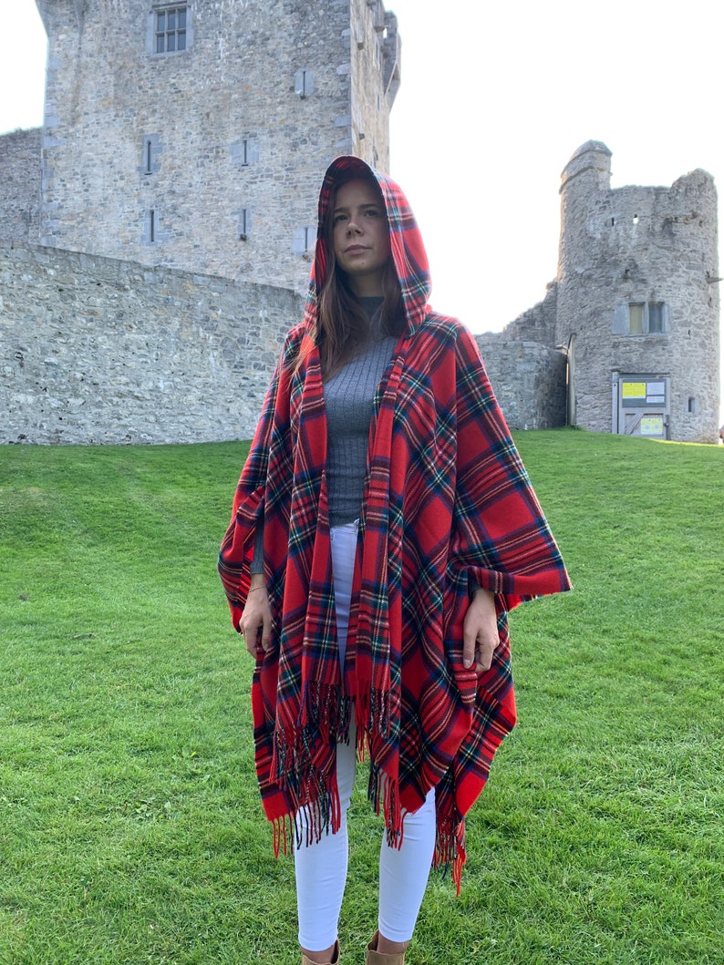 Hooded Irish Pure Lambswool Cape, Ruana, Wrap , Shawl - 100% Pure New Wool -Royal Stewart Tartan/Plaid Check -Supersoft -HANDMADE IN IRELAND