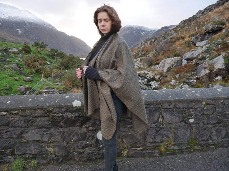 Irish tweed wool ruana, wrap, cape, coat, arisaid - brown/green  Irish tartan/ plaid check - 100% wool - HANDMADE IN IRELAND
