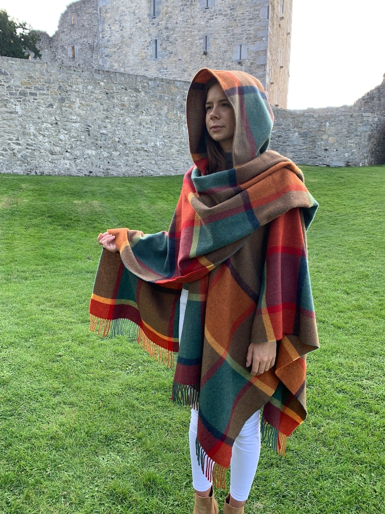 Hooded Irish Pure Lambswool Cape, Ruana, Wrap , Shawl - 100% Pure New Wool - Orange/Green/Yellow/Wine Check - Supersoft -HANDMADE IN IRELAND