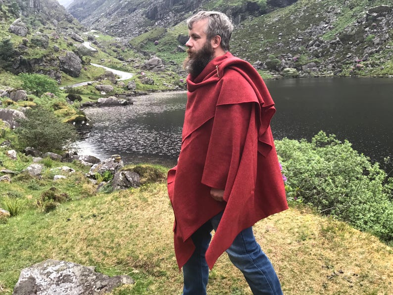 Irish tweed wool ruana, wrap, cape, coat, arisaid- red - lightweight fabric - 100% wool - ready for shipping - HANDMADE IN IRELAND