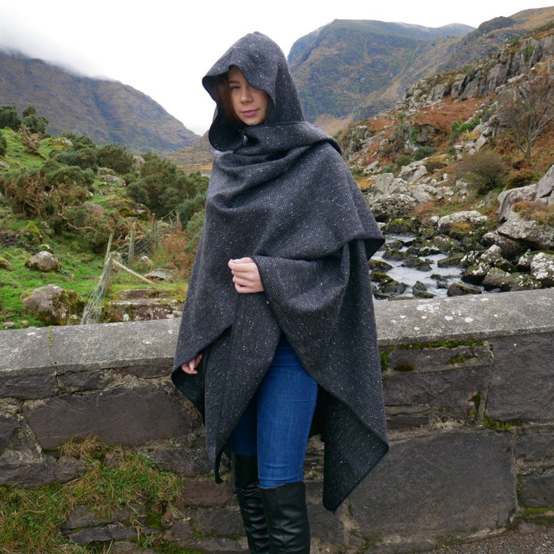 Irish Donegal Tweed Hooded Ruana, Wrap, Cape,  - Black/ Charcoal/ Grey Herringbone - 100% Pure New Wool - heavy tweed - HANDMADE IN IRELAND