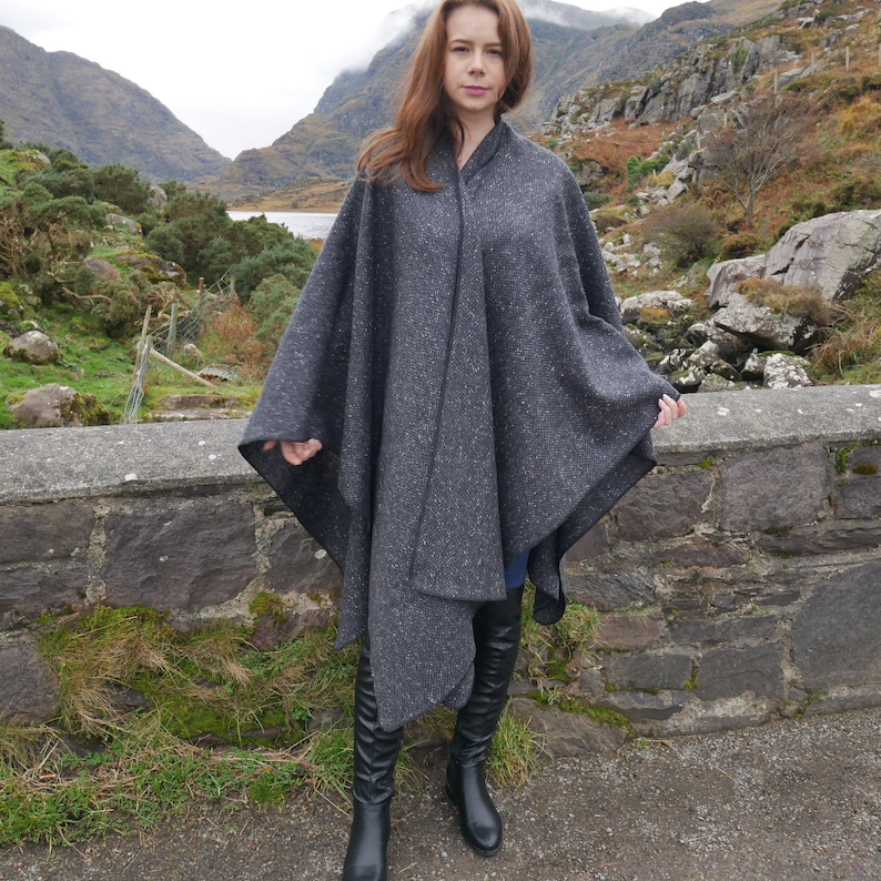 Irish Donegal Tweed Wool Ruana, Cape, Wrap, Cloak - Charcoal/Grey - Fleck Herringbone - 100% Pure New Wool - Unisex -  HANDMADE IN IRELAND