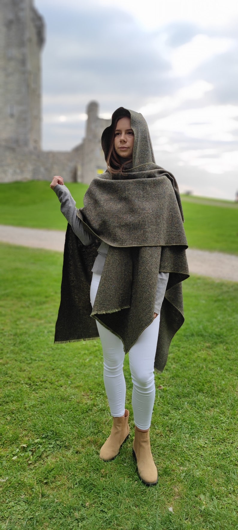 Irish Donegal Tweed Wool Hooded Ruana, Cape, Rectangle Cloak - Speckled Forest Green Herringbone - Mediumweight -Unisex- HANDMADE IN IRELAND