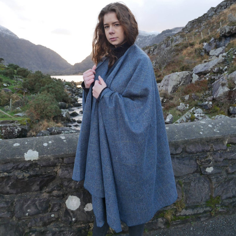 Irish Donegal Tweed Wool Ruana, Wrap, Cape, Cloak - Grey & Denim Herringbone With Overcheck - 100% Pure New Wool - HANDMADE IN IRELAND