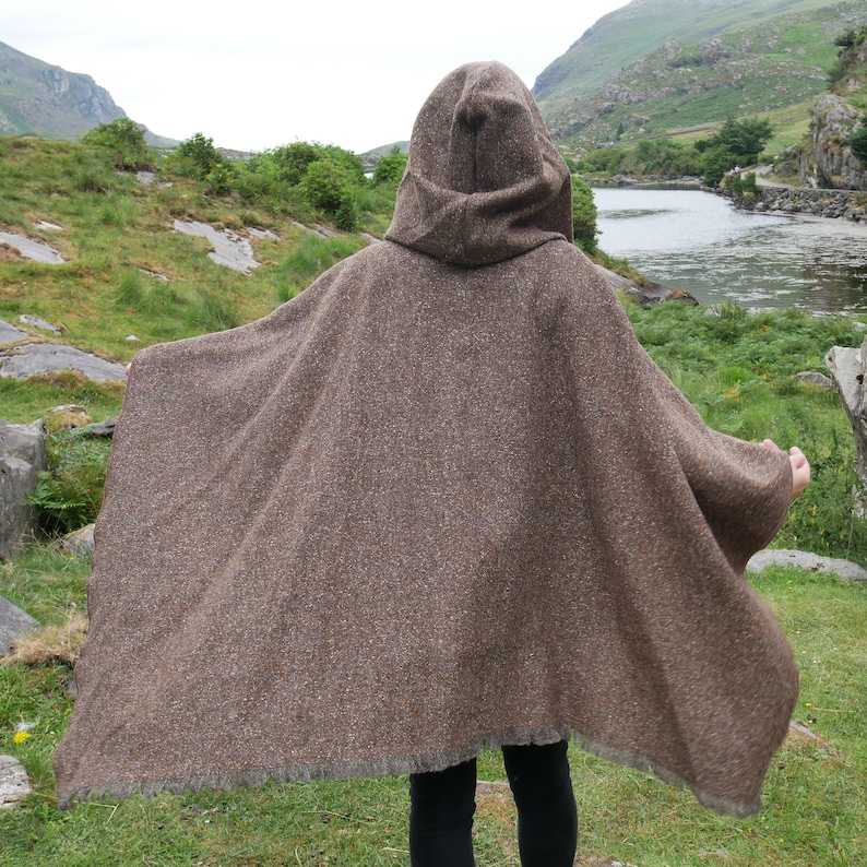 Irish Donegal Tweed Hooded Cape, Ruana, Cloak, Robe - Brown/Grey Salt&Pepper - Medium/Heavy Tweed - 100% Pure New Wool - HANDMADE IN IRELAND