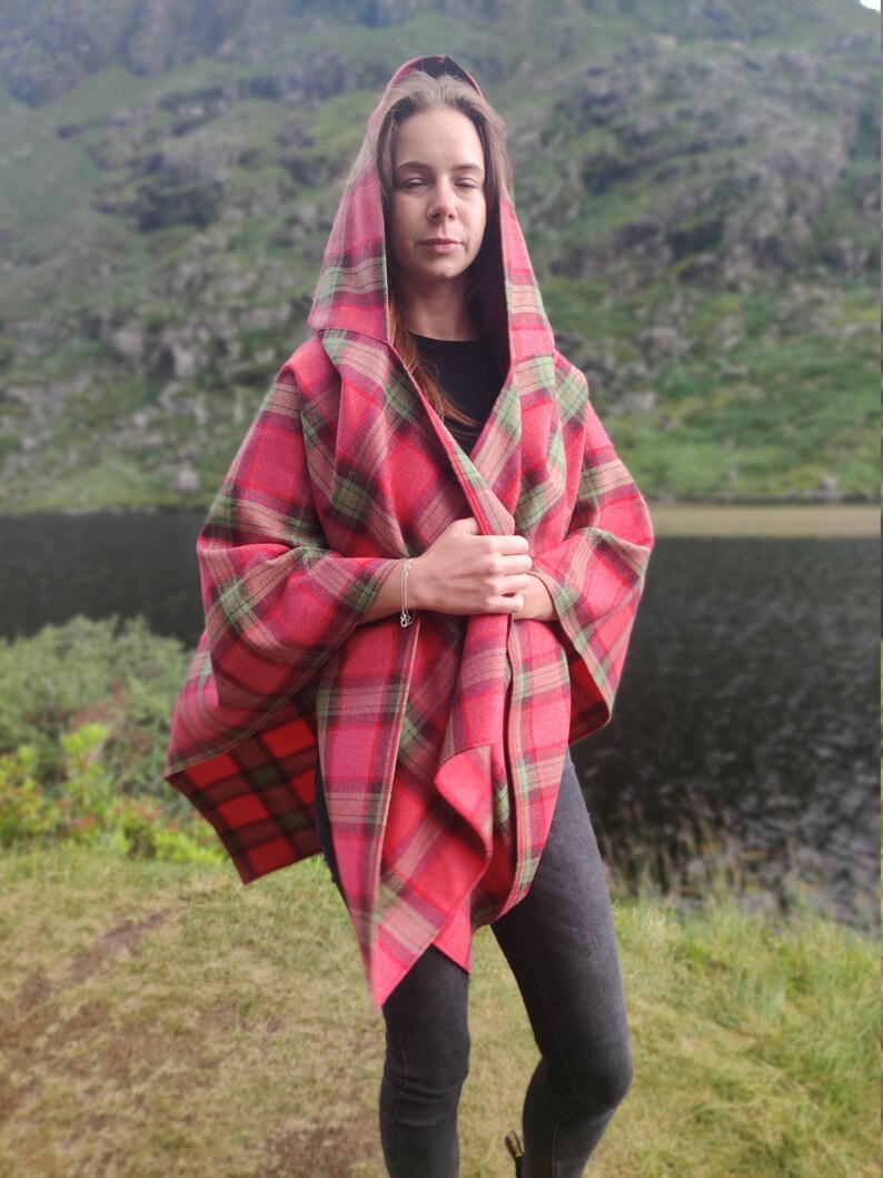Irish soft lambswool hooded ruana, wrap, arisaid - pink/green/purple plaid check, tartan - 100% Pure New Wool - HANDMADE IN IRELAND