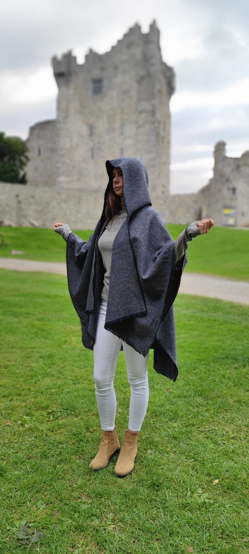 Hooded Irish Donegal Tweed Cape, Rectangle Cloak, Ruana - Speckled Denim Navy Herringbone - 100% Pure New Wool -Unisex - HANDMADE IN IRELAND