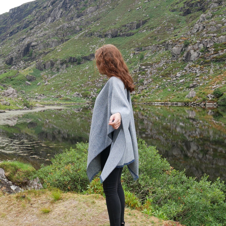 Irish Donegal tweed wool ruana, wrap , arisaid - grey/blue herringbone - 100% Pure New Irish Wool -  HANDMADE IN IRELAND