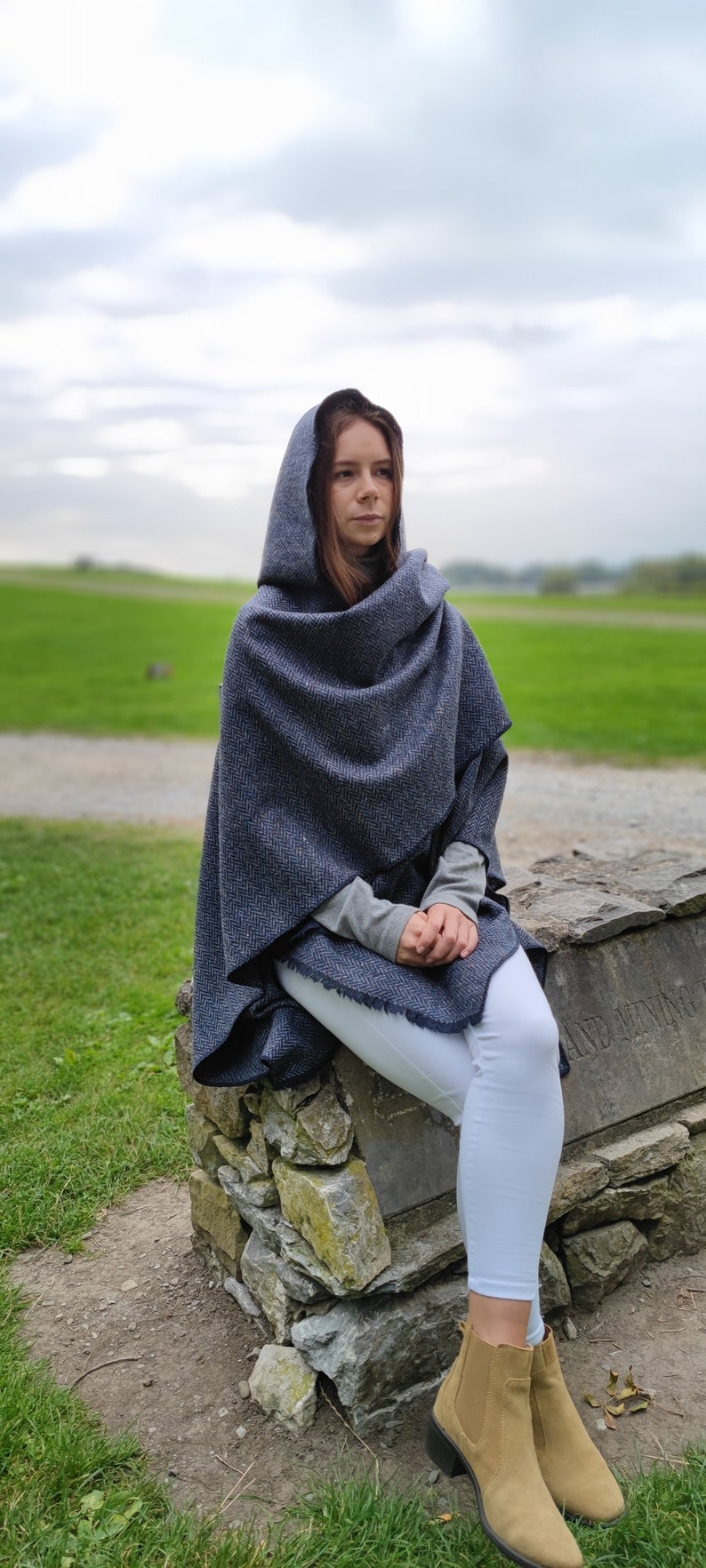 Hooded Irish Donegal Tweed Cape, Rectangle Cloak, Ruana - Speckled Denim Navy Herringbone - 100% Pure New Wool -Unisex - HANDMADE IN IRELAND