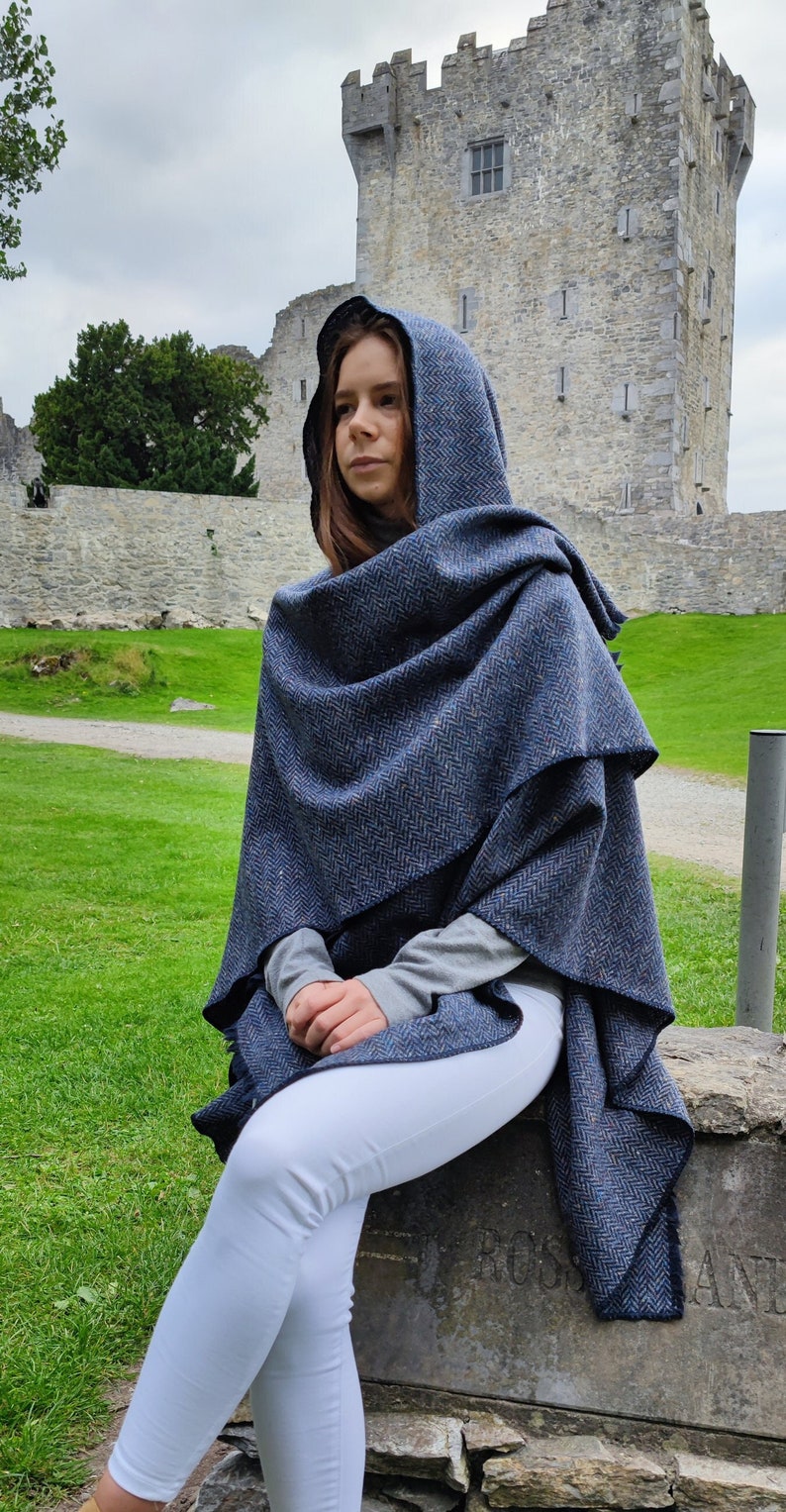 Hooded Irish Donegal Tweed Cape, Rectangle Cloak, Ruana - Speckled Denim Navy Herringbone - 100% Pure New Wool -Unisex - HANDMADE IN IRELAND