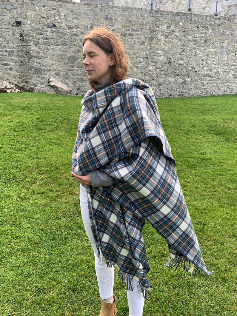 Irish Lambswool/Merino Cape, Ruana, Wrap, Shawl - 100% Pure New Wool - Blue Stewart Tartan Plaid - supersoft - one size- HANDMADE IN IRELAND