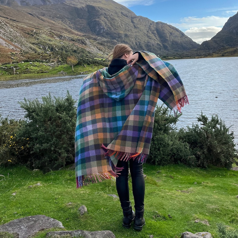 Hooded Supersoft Lambswool Cape, Ruana, Wrap , Shawl - 100% Pure New Wool - Multicolour  Check - One Size Fits All - HANDMADE IN IRELAND