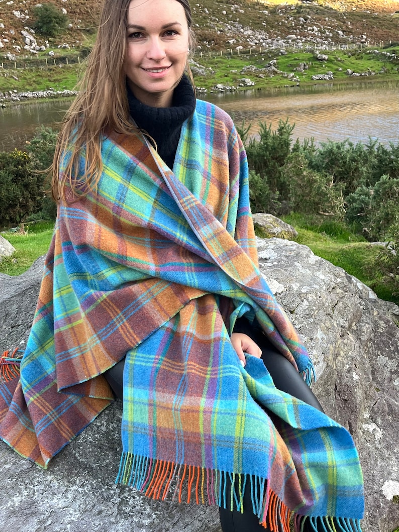 Hooded Irish Pure Supersoft Lambswool Cape, Ruana, Wrap - 100% Pure New Wool - Blue Green Orange Tartan Plaid Check - HANDMADE IN IRELAND