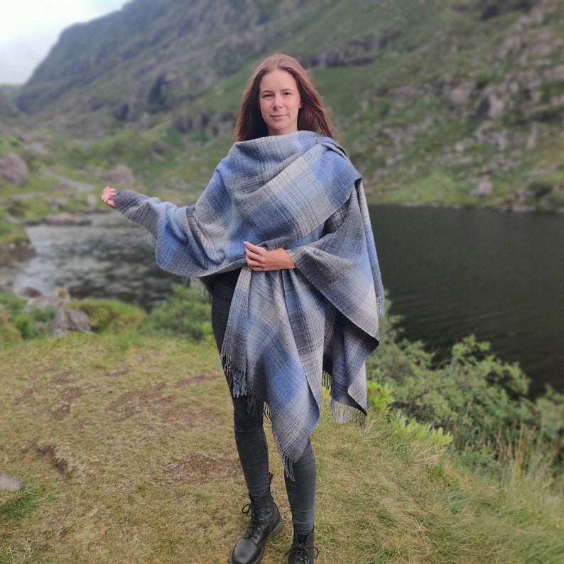 Irish Pure Lambswool Cape, Ruana, Wrap , Shawl - 100% Pure New Wool - grey/blue check - supersoft - one size fits all - HANDMADE IN IRELAND