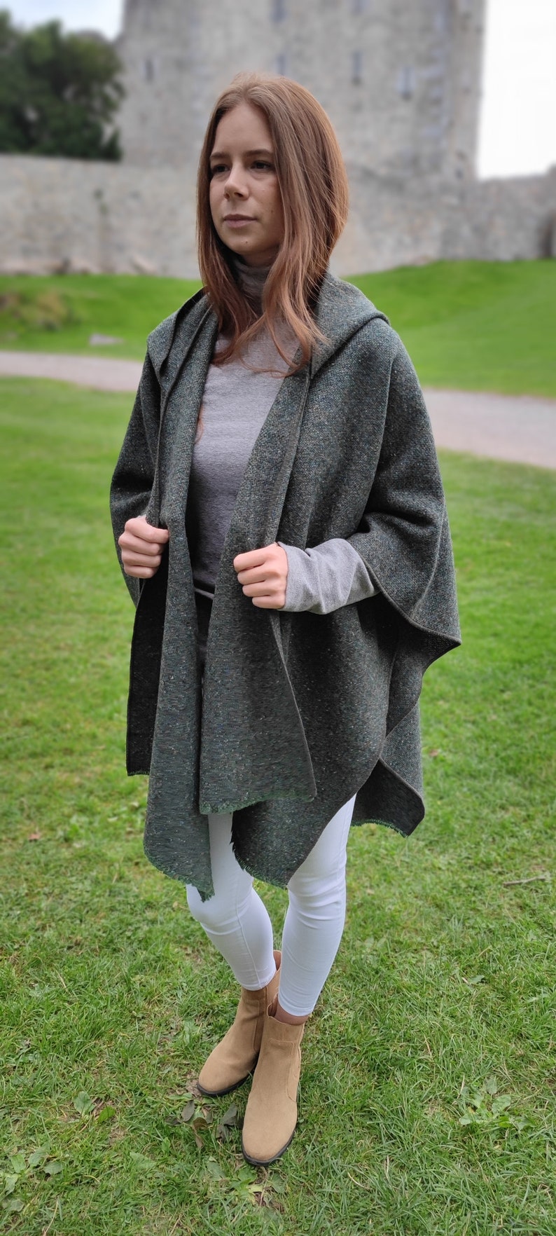 Irish Donegal Tweed Wool Hooded Ruana, Cape, Rectangle Cloak - Traditional Green Fleck - Medium/Heavy Tweed - Unisex - HANDMADE IN IRELAND
