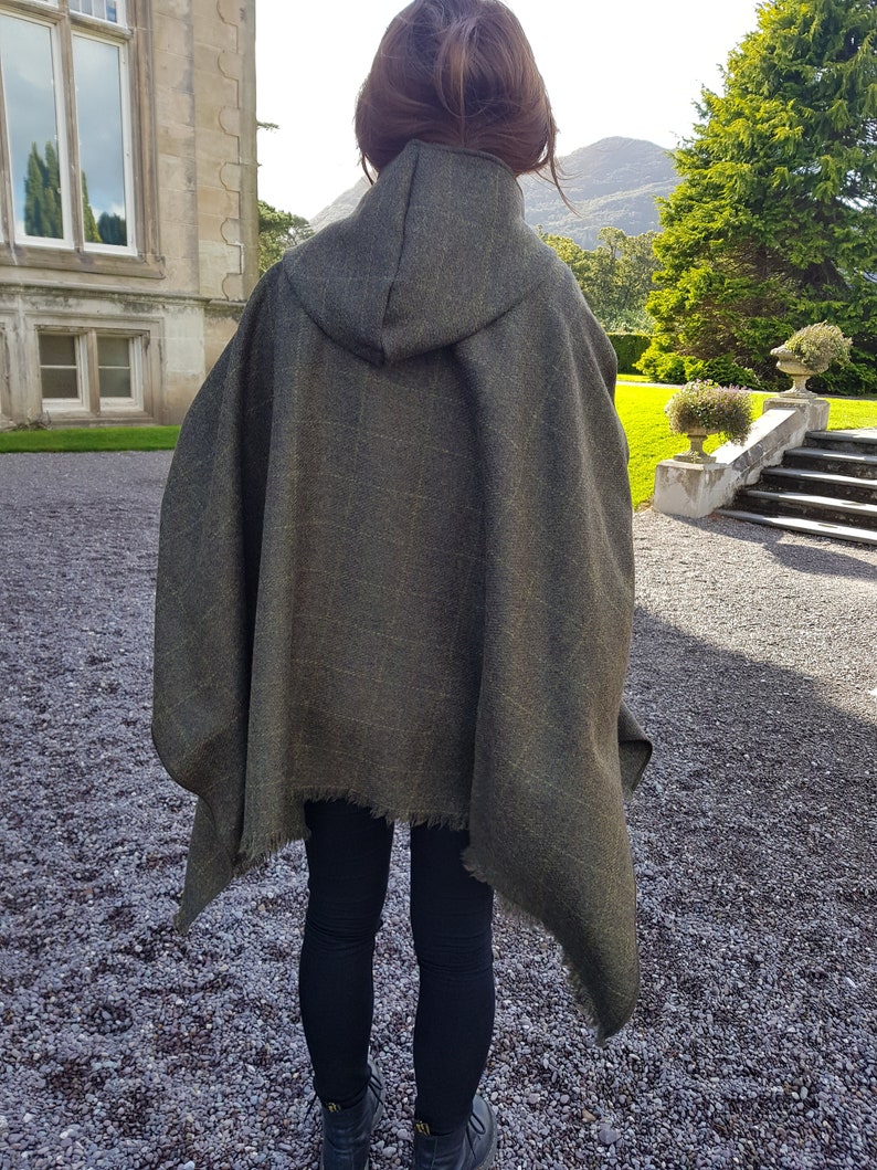 Irish Donegal Tweed Wool Hooded Ruana, Wrap, Cape ,Arisaid - Green With Yellow Check - Unisex - 100% Pure New Wool - HANDMADE IN IRELAND