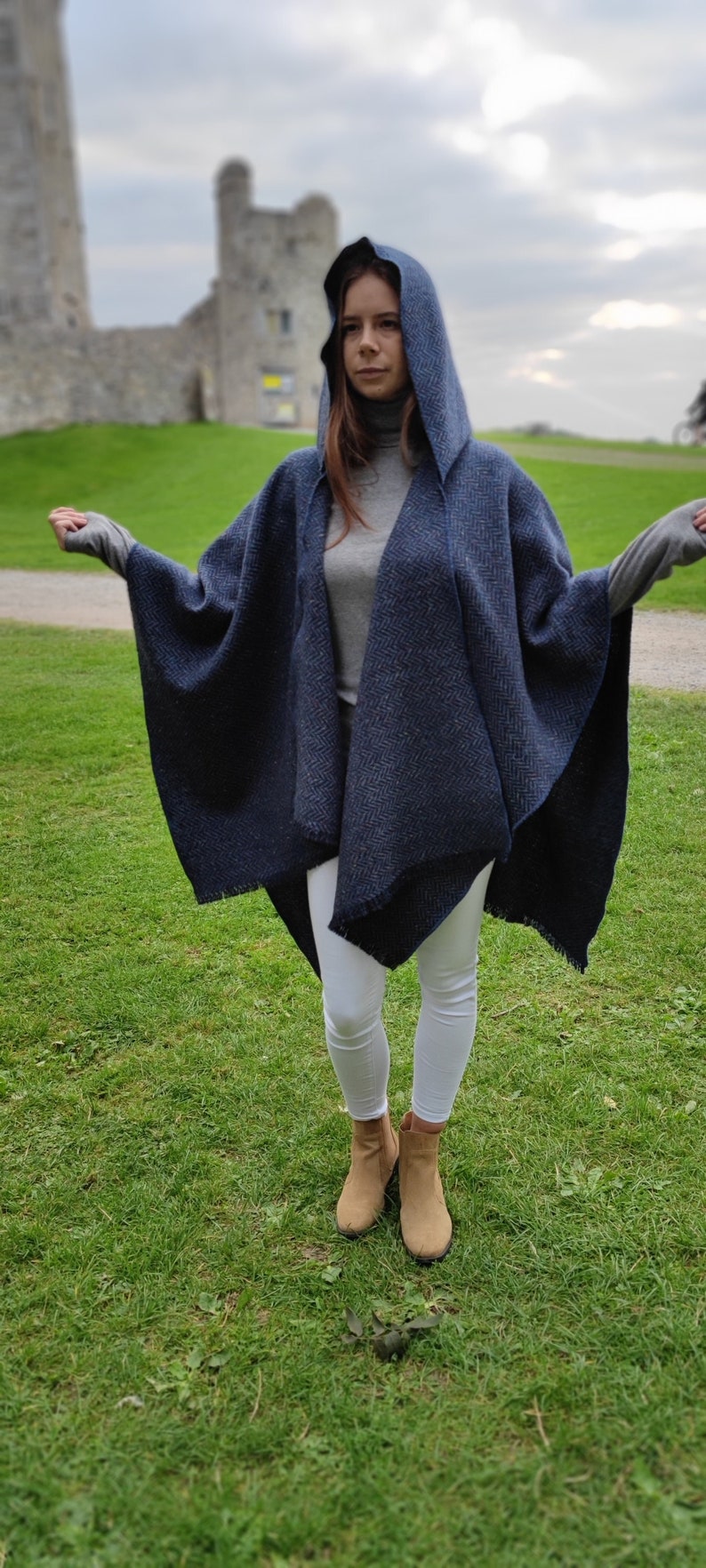 Irish Donegal Tweed Wool Hooded Ruana, Cape, Rectangle Cloak - Speckled Navy / Blue Herringbone - Heavy Tweed - Unisex - HANDMADE IN IRELAND