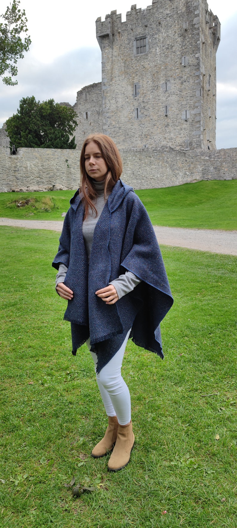 Irish Donegal Tweed Wool Hooded Ruana, Cape, Rectangle Cloak - Speckled Navy / Blue Herringbone - Heavy Tweed - Unisex - HANDMADE IN IRELAND
