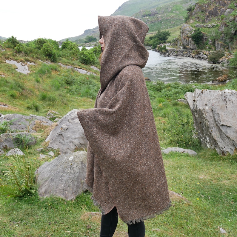Irish Donegal Tweed Hooded Cape, Ruana, Cloak, Robe - Brown/Grey Salt&Pepper - Medium/Heavy Tweed - 100% Pure New Wool - HANDMADE IN IRELAND