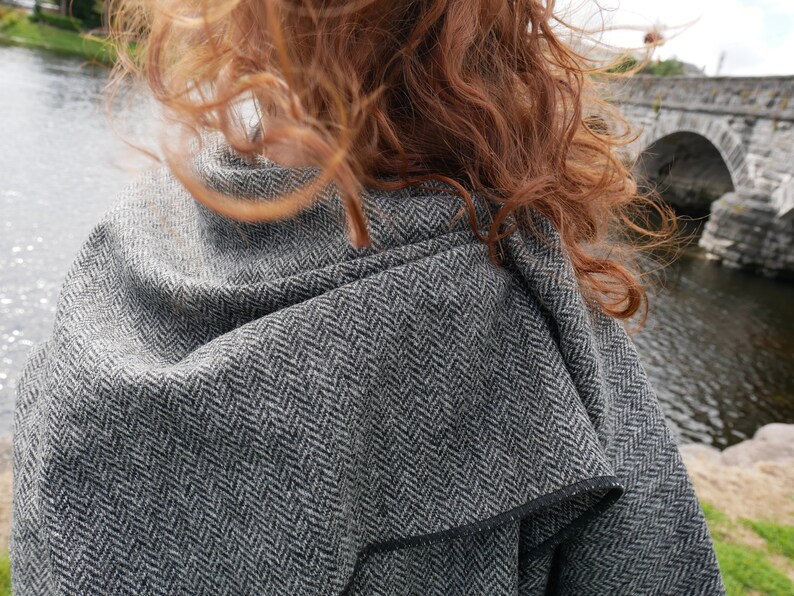 Irish Donegal Tweed Wool Ruana, Wrap, Cape, Cloak, Arisaid - Black/White  Herringbone - 100% Pure New Wool - Unisex - HANDMADE IN IRELAND