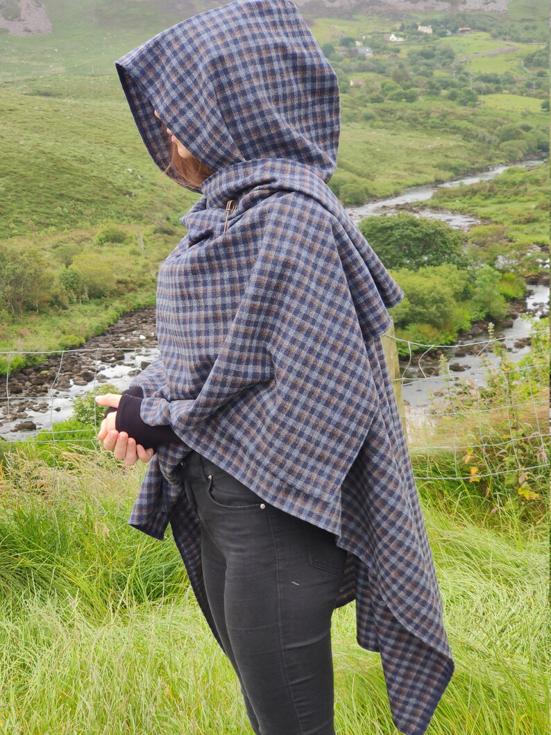 Irish lambswool hooded ruana wrap, cape, arisaid - navy/grey blue/bronze plaid - HANDMADE IN IRELAND