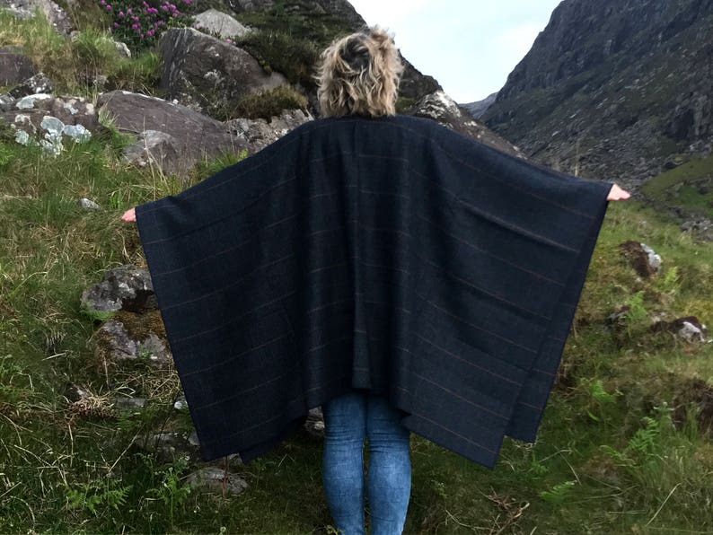 Irish Donegal Tweed Ruana, Wrap, Cape, Rectangle Cloak - Navy Denim Herringbone With Orange/Purple Check - 100% Wool - HANDMADE IN IRELAND