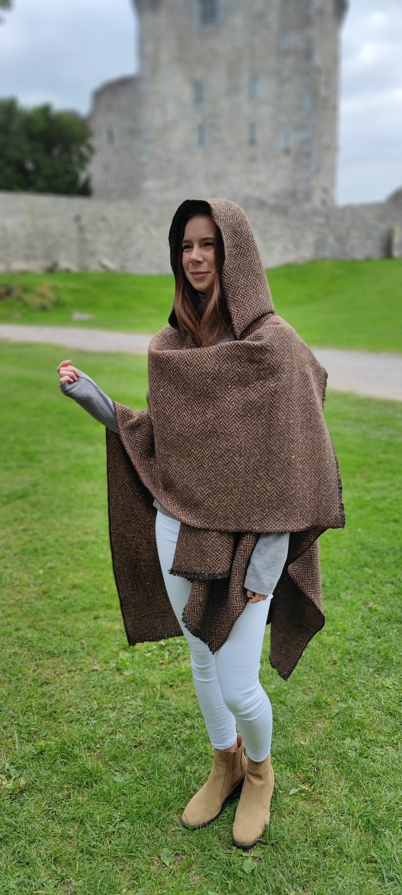 Irish Donegal Tweed Wool Hooded Ruana, Cape, Rectangle Cloak - Speckled Brown/Bronze Herringbone - Heavy Tweed -Unisex - HANDMADE IN IRELAND
